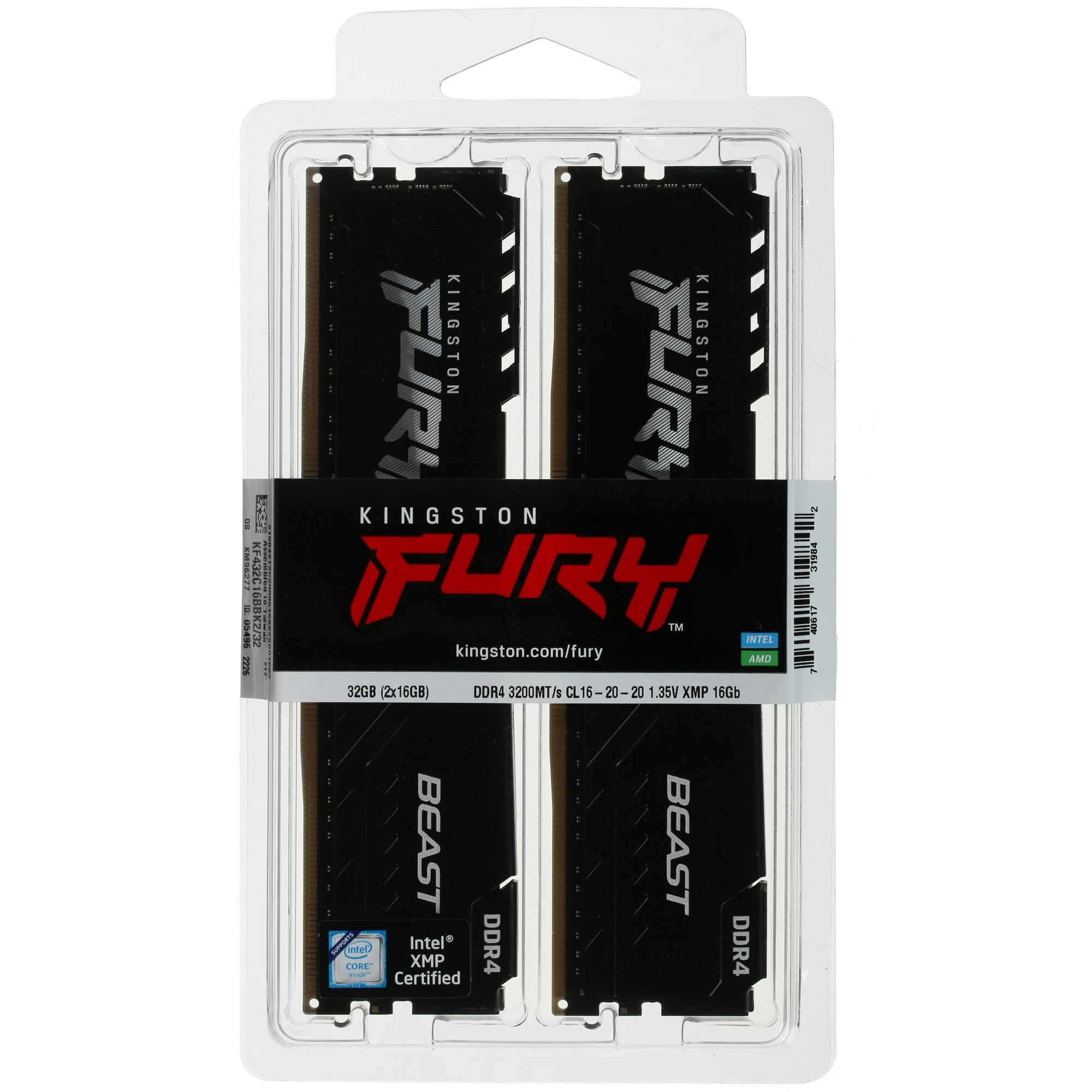 Модуль памяти DDR4 32 Гб (2x16 ГБ) Kingston FURY Beast (KF432C16BBK2/32***); 25600 MБ/с; 3200 МГц; радиаторы
