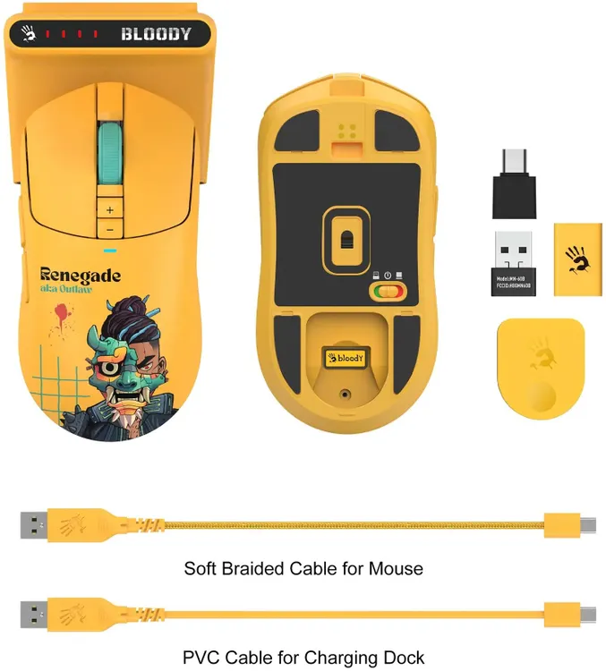 Мышь игровая A4Tech Bloody R72 Ultra Duo Renegade Sunset; 2.4 Ггц; USB; оптический; 20000 dpi; 7 кнопок; колесо-кнопка; аккумулятор 300 мАч; желтый