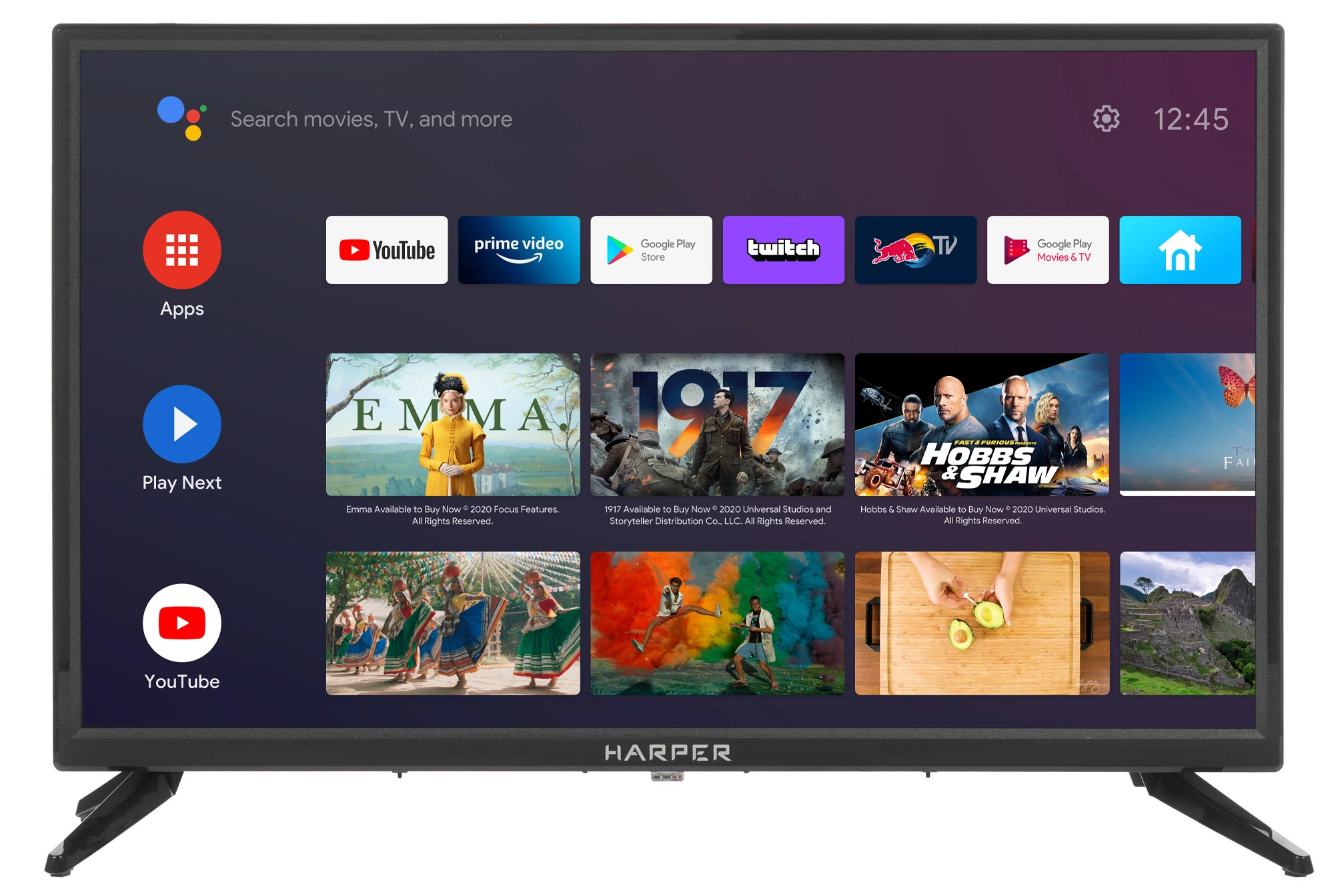 Телевизор 24" Harper 24R490TS (24R490TS); 1366x768; ; Direct LED; 3 000:1; 200 кд/м²; 176°/176°; Android TV; 2,3 кг, черный