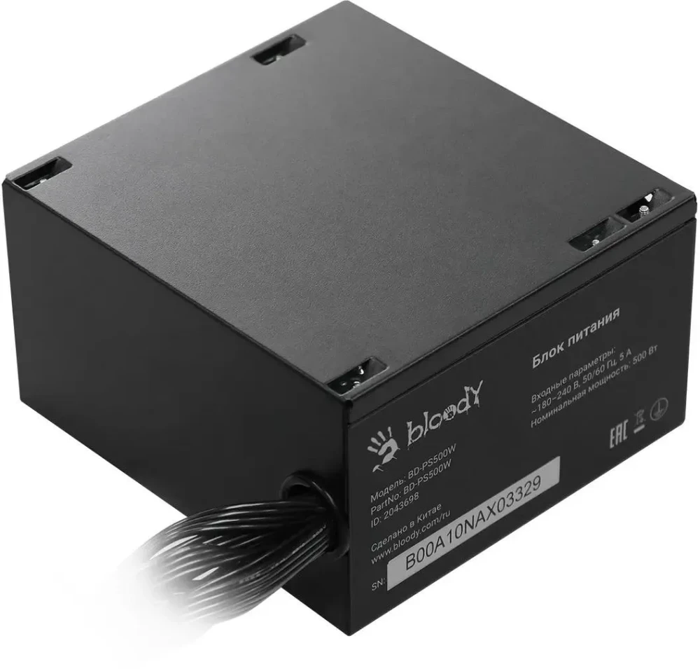 Блок питания 500 Вт Bloody BD-PS500W Black; ATX; 1x24 pin; 1x8(4+4) pin; 2x6+2 pin PCI-E; 6xSata; 2xMolex; 80+ White; 120 мм