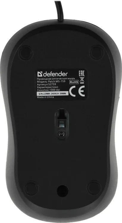 Мышь проводная Defender Patch MS-759 (52759); USB; оптический; 1000 dpi; 3 кнопки; колесо-кнопка; черный