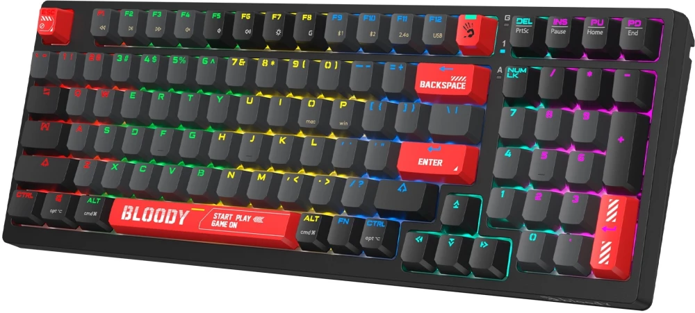 Клавиатура игровая A4Tech Bloody WS98 Black/Red (Sports Red); USB + (BT/2.4 Ггц); механическая; 98 клавиш; 12 (+FN) подсветка RGB; ENG\RUS