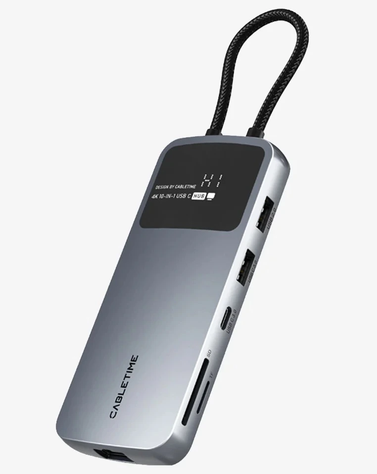 Концентратор USB внешний CABLETIME CB83G 10 в 1;  Type-C; 2*HDMI 4K 30Hz; USB3.0/USB2.0; кардридер SD/TF; RJ-45 1Gb, зарядка до 100W