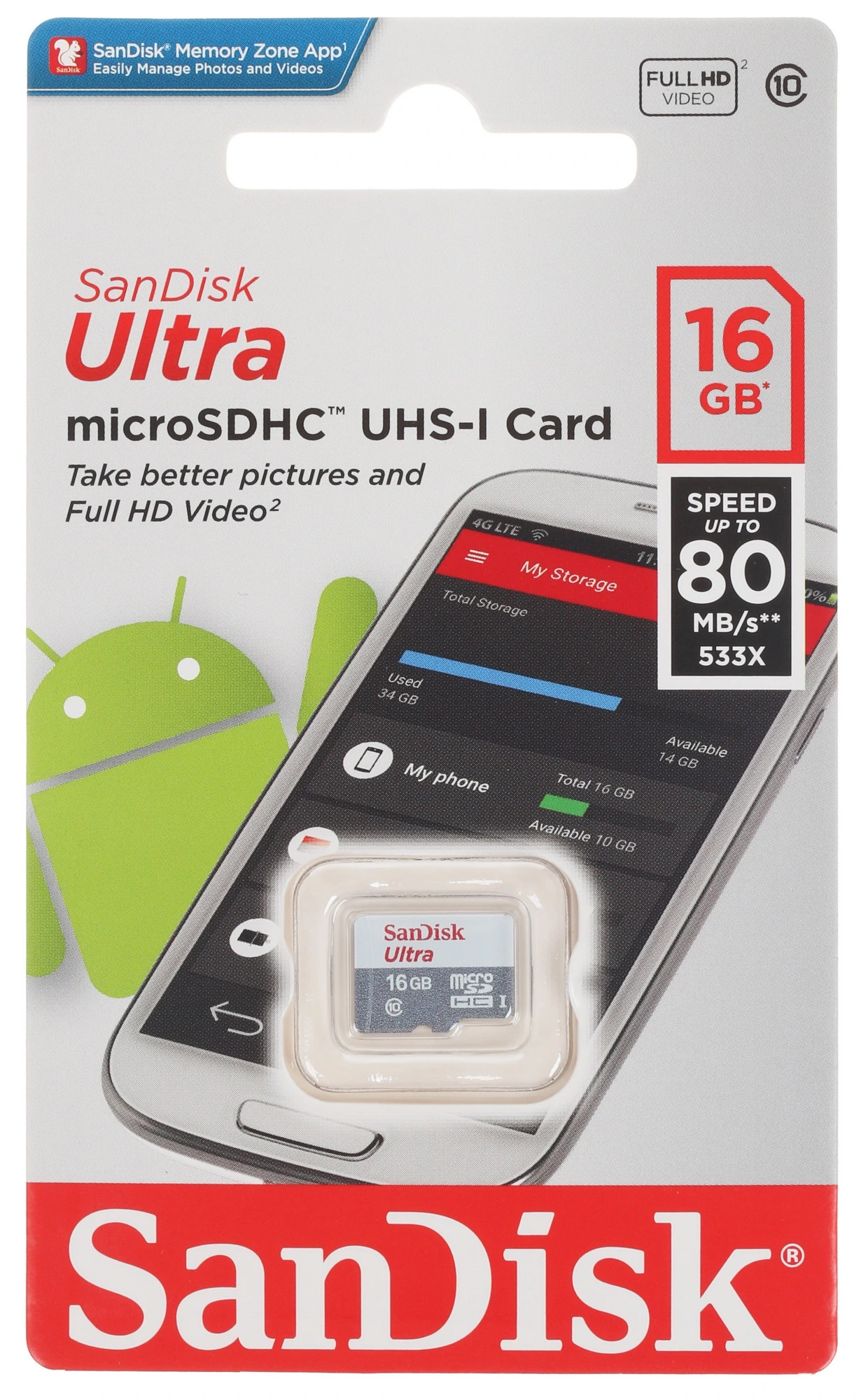 Карта памяти 16 ГБ Sandisk Ultra (SDSQUNS-016G-GN3MN); micro SDXC UHS-I; Class 10