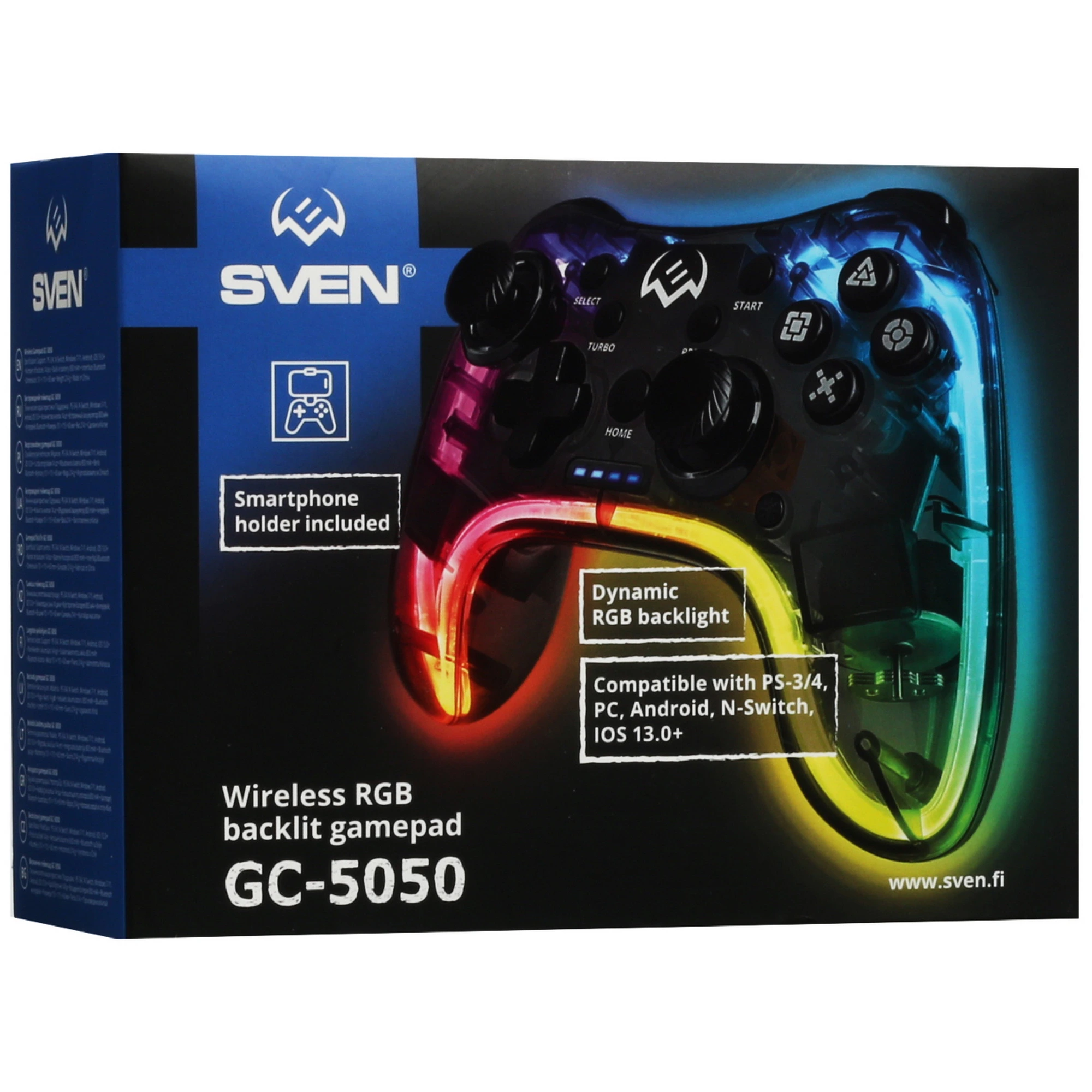 Геймпад беспроводной Sven GC-5050 (SV-016029); PS3/4, PC, Android; обратная связь; 14 кнопок; 2 мини-джойстика; виброотдача; RGB-подсветка; прозрачный