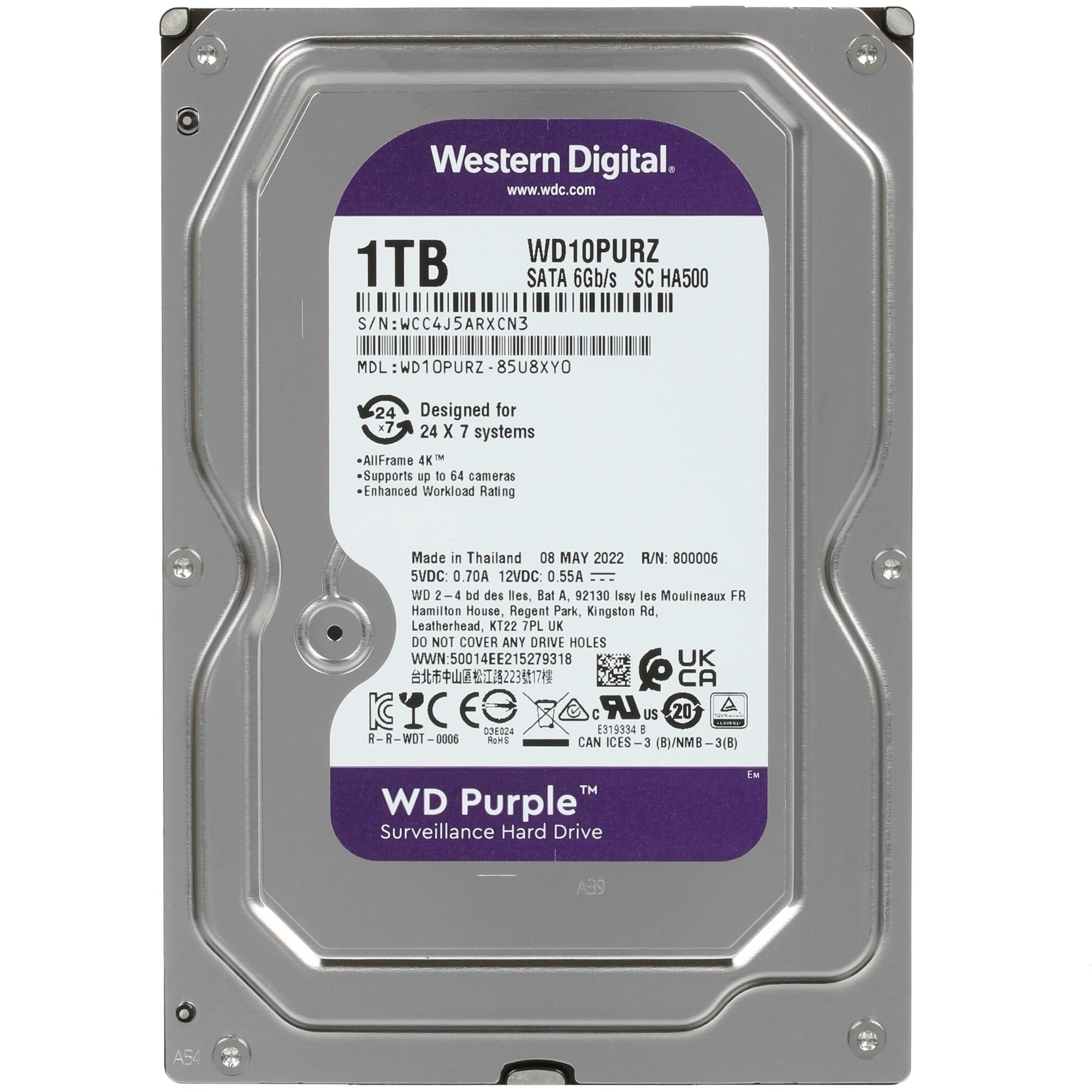Жесткий диск 1 ТБ Western Digital Purple (WD10PURZ***); 3,5"; 5400 об/мин; 64 МБ; SATA III