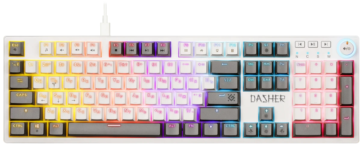 Клавиатура игровая Defender Dasher GK-472 White+Grey (45472); USB; механическая; 107 клавиш; 12 (+FN) + регулятор громкости; подсветка LED; ENG\RUS; б