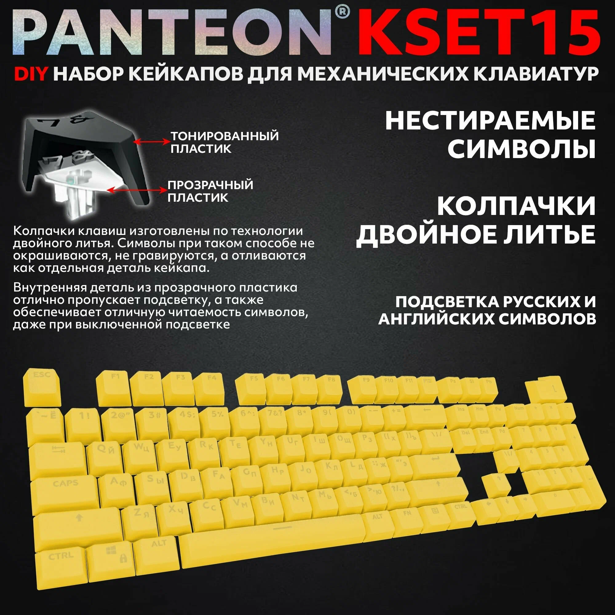 Набор кейкапов для клавиатуры Jet.A PANTEON KSET15 (KSET15 Yellow****); рус/англ; желтый