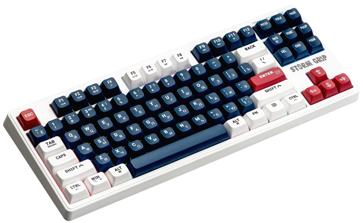 Клавиатура игровая Defender Storm Grip GK-188 (45188); BT/2.4Ггц; мембранная; 87 клавиш; 12 (+FN); LED подсветка; встроенный аккумулятор; белый + сини