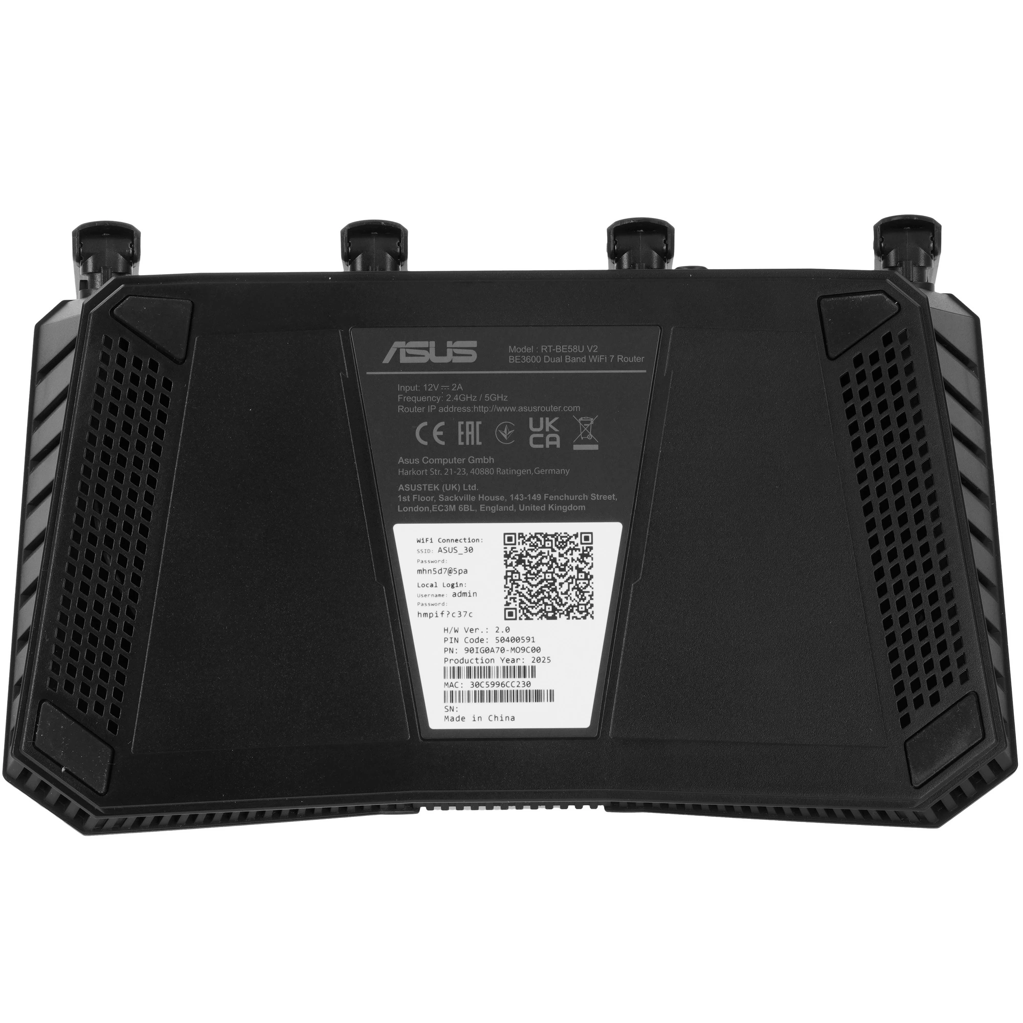 Роутер Asus RT-BE58U (BE3600); IEEE 802.11a/b/g/n/ac/ax/be; 688 Мбит/сек + 2880 Мбит/сек; 4x LAN 1000 Мбит/с; 1x WAN 2500 Мбит/с; 1 x USB 3.2; 4 ant