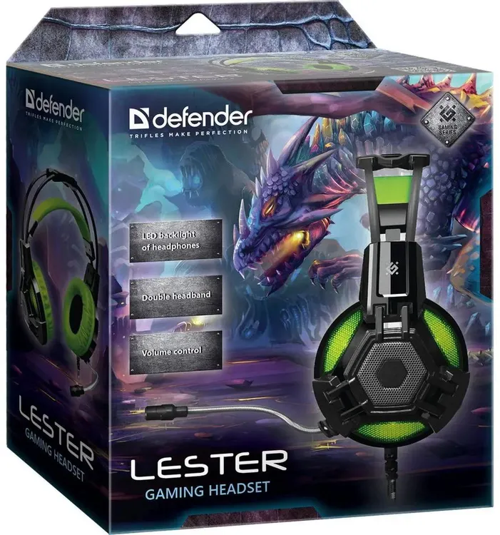 Гарнитура игровая Defender Lester (64543***); оголовье (headband); 20 - 20 000 Гц; 32 Ом; 2,2 м; микрофон; регулятор громкости; 2 x 3,5 мм (mini-jack)