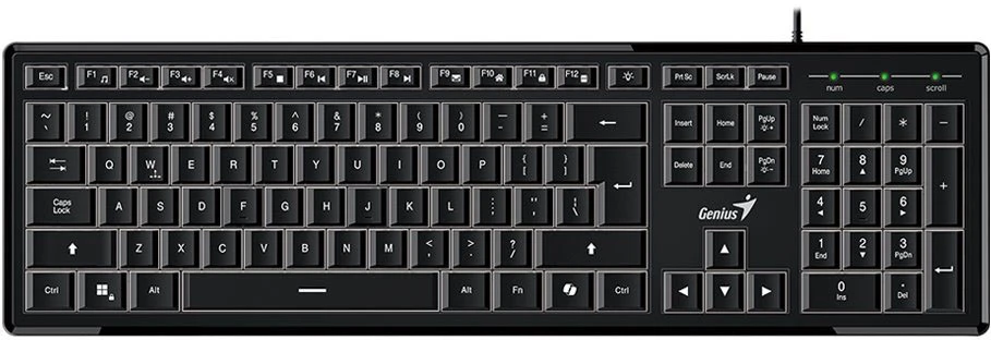 Клавиатура проводная Genius SlimStar 820 (31310055402***); USB; мембранная; 104 клавиши; 12 (+FN); подсветка LED; ENG\RUS; чёрный
