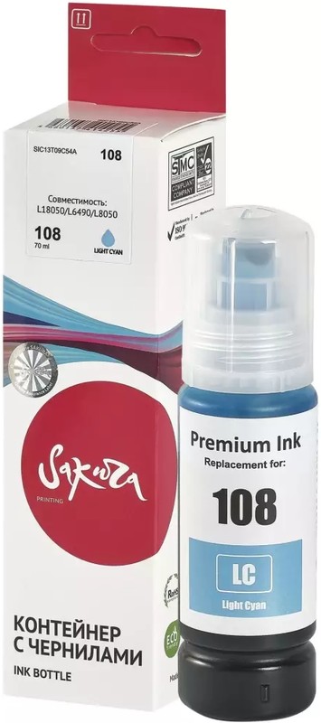 Чернила для Epson Sakura 108 Light Cyan (SIC13T09C54A); L8XXX/L18XXX; 70 мл; светло-синий