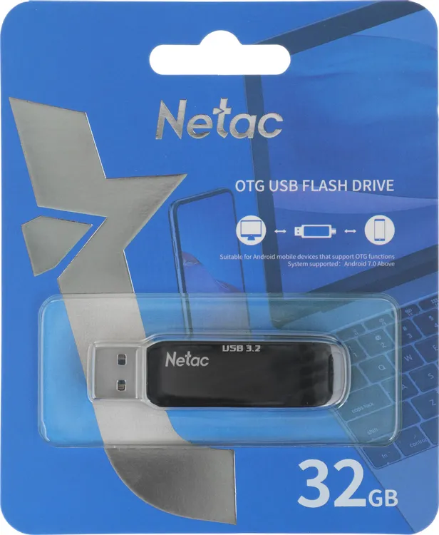 Накопитель USB-флэш 32 ГБ Netac US11 (NT03US11C-032G-32BK); USB 3.0; ротатор; металлический корпус; OTG Type-C