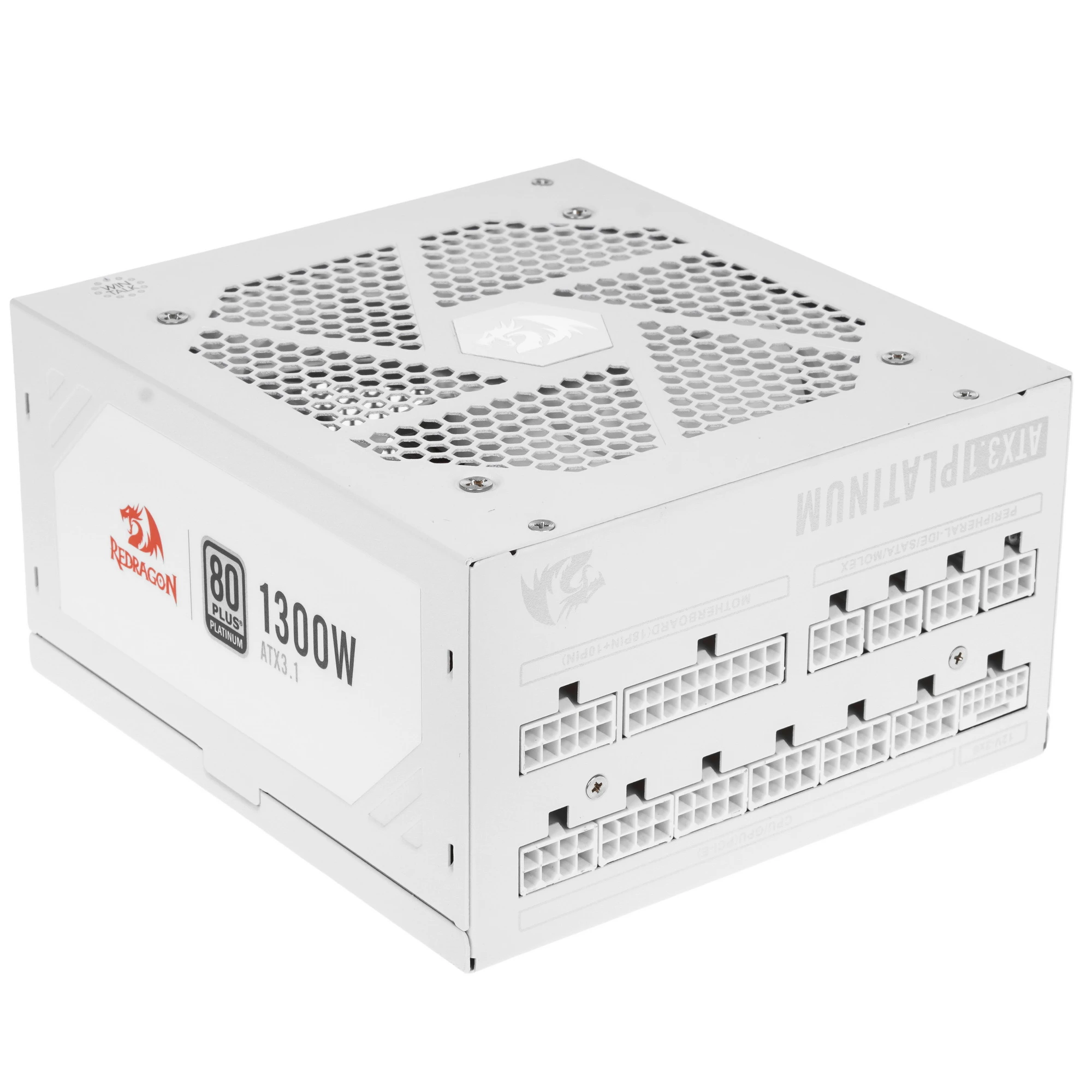 Блок питания 1300 Вт Redragon RGPS-1300W White 12VHPWR (71814); 1x24 pin; 2x8(4+4) pin; 12xSata; 4xMolex; 4x6+2-pin PCI-E; 80+ Platinum; отстегивающие