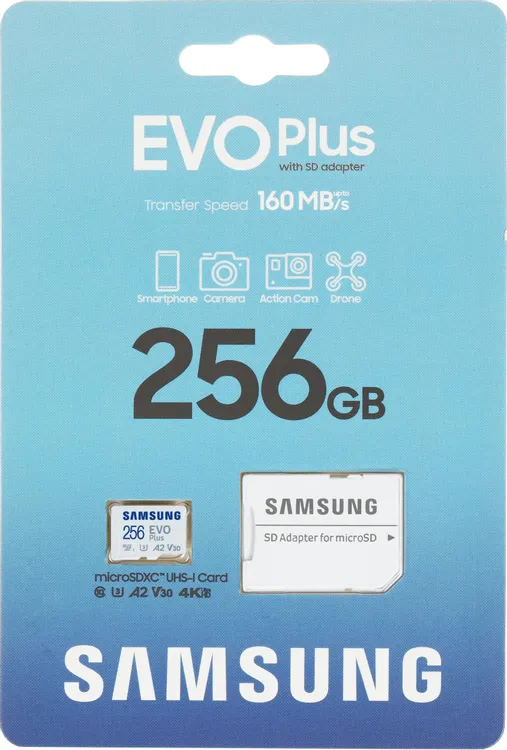 Карта памяти 256 ГБ Samsung EVO Plus (MB-MC256SA); micro SDXC UHS-I U3; V30; A2;Class 10; адаптер SD
