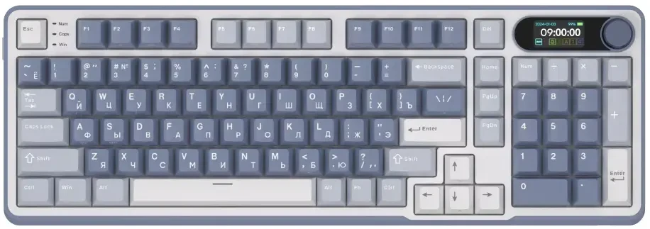 Клавиатура проводная Royal Kludge RK-S98 Ocean Blue (switch RK Cream); USB + (Bluetooth/2.4 Ггц); механическая; 98 клавиш; Hot-swap; USB хаб; экран; о