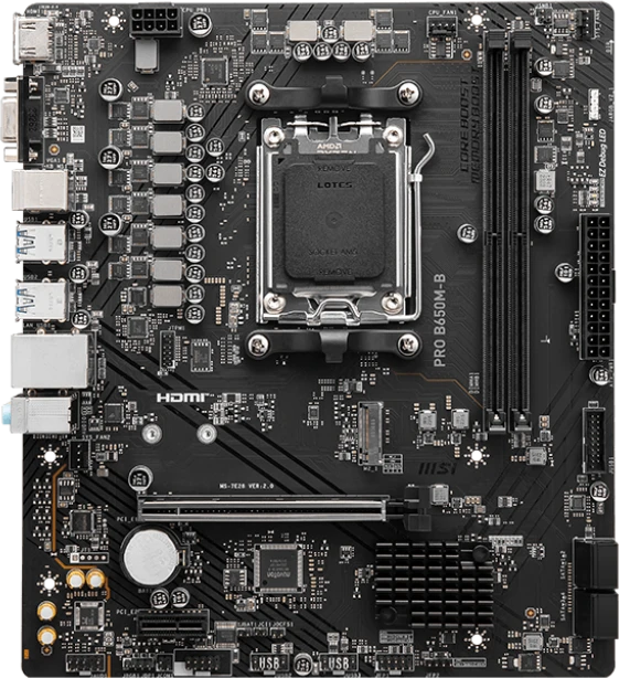 Материнская плата MSI B650M-B (PRO B650M-B***); Socket AM5; mATX; AMD B650; 2хDDR5(6800); 1xPCI-E x16; ; 1 x PCI-E x1; D-Sub; HDMI; 4(SATA 6Gb/s); Rea
