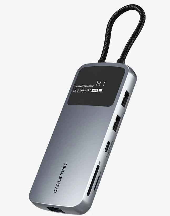 Концентратор USB внешний CABLETIME CB80G 10 в 1; Type-C; HDMI 8K 30Hz; DP8K 30Hz; USB3.0/USB2.0; кардридер SD/TF; RJ-45 1Gb, зарядка до 100W