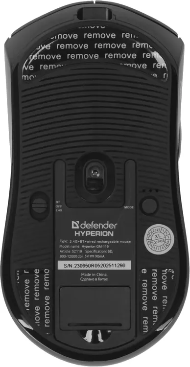 Мышь игровая Defender Hyperion GM-119 (52119); USB + (BT/2.4 Ггц); оптический; 800 - 12000 dpi; 5 кнопок; колесо-кнопка; аккумулятор, 300 мА·ч; черный