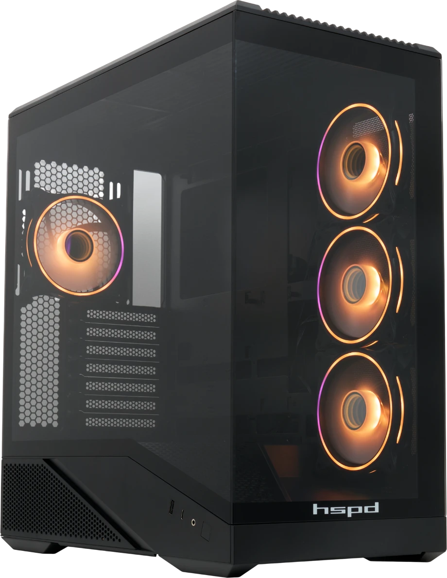 Корпус HSPD F711 Black (F711-TGBK- ARGB); ATX; Midi-Tower; без БП; 4x120 мм; 1xUSB 3.0, 1xUSB 3.X Type C, 1x jack 3.5 mm Mic/Aud; черный