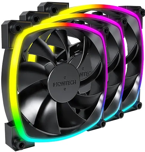 Вентилятор 120 мм MONTECH комплкект AX120 Black (AX120B3P); 4-pin(PWM)+3-pin(ARGB); 800-1600 об/мин; 59 CFM; 27 дБ; подсветка
