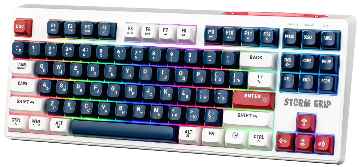 Клавиатура игровая Defender Storm Grip GK-188 (45188); BT/2.4Ггц; мембранная; 87 клавиш; 12 (+FN); LED подсветка; встроенный аккумулятор; белый + сини