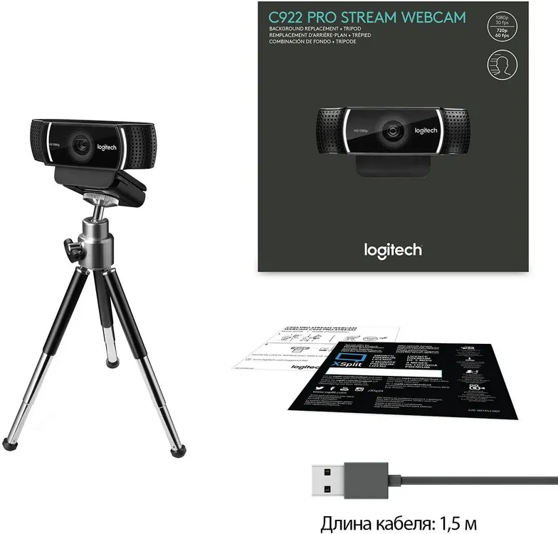 Веб-камера Logitech C922 (960-001089); 1920 х 1080; USB 2.0; микрофон; универсальное крепление; штатив; 1,5 м; черный