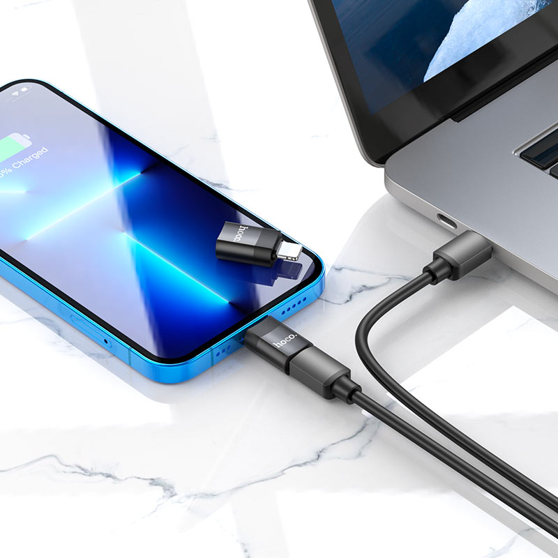 Адаптер Lightning->Type-C  Hoco UA17; OTG; металлический с кабелем USB на Type-C – 5V / 2A; Type-C на Type-C – 5V / 2A