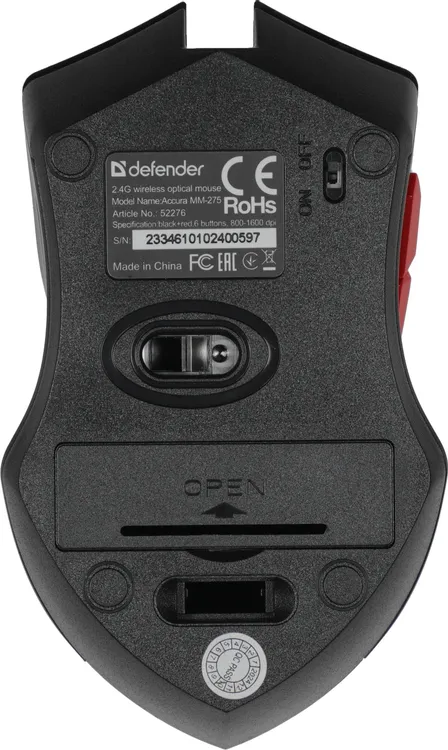 Мышь беспроводная Defender Accura MM-275 Black+Red (52276); 2.4 ГГц; USB; оптический; 800/1200/1600 dpi; 6 кнопок; колесо прокрутки; 1хАА; чёрный+крас