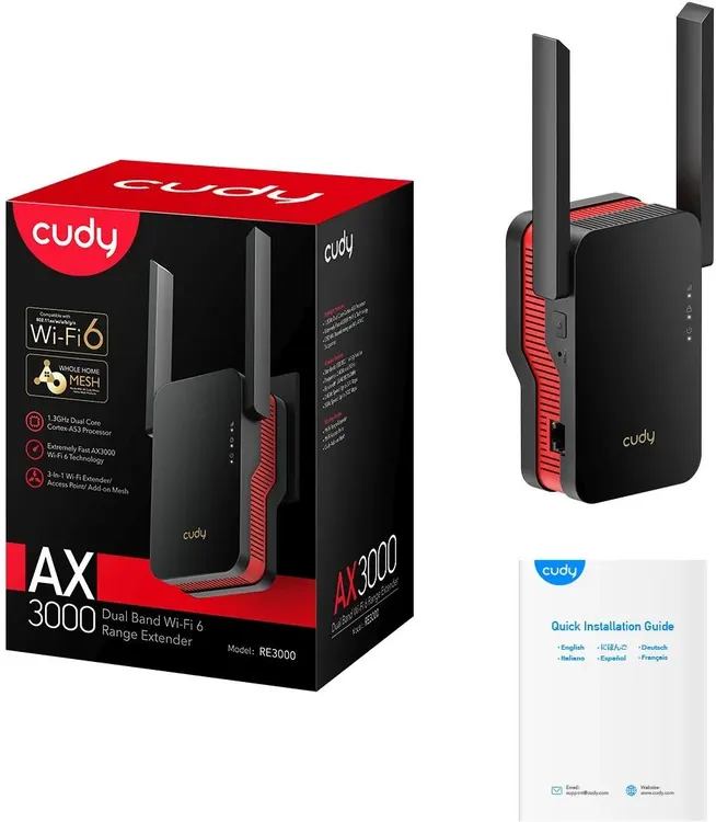 Точка доступа универсальный усилитель Cudy RE3000 (AX3000); 3000 Мбит/с (574 Мбит/с+ 2402 Мбит); 2 внешних + 1 внутренняя антенна; 1x1000 Мбит/с Ether