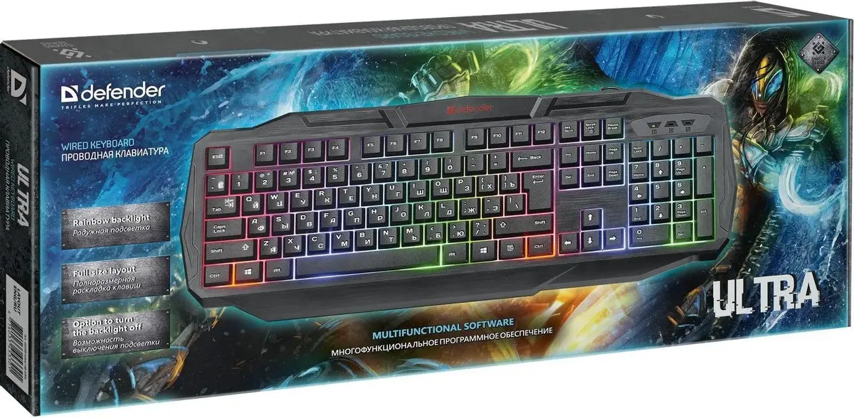 Клавиатура проводная Defender Ultra HB-330L (45330***); USB; мембранная; 104 клавиши; подсветка; ENG\RUS; чёрный