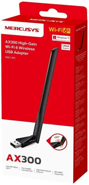 Сетевая карта WiFi Mercusys MA14H (AX300); 287 Мбит/с; 1x5 dBi; USB