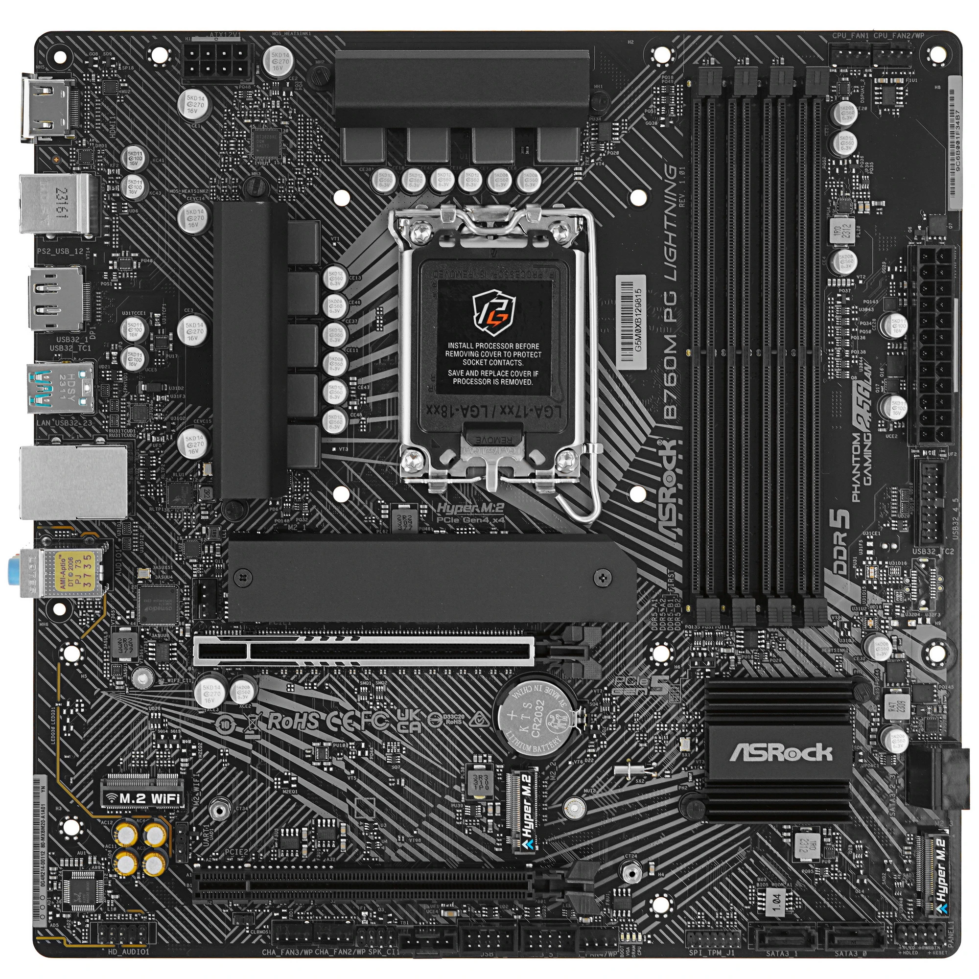 Материнская плата ASRock B760M PG LIGHTNING***; Socket 1700; mATX; Intel B760; 4хDDR5(7200); 2xPCI-E x16; HDMI; DisplayPort; 4(SATA 6Gb/s); Realtek AL