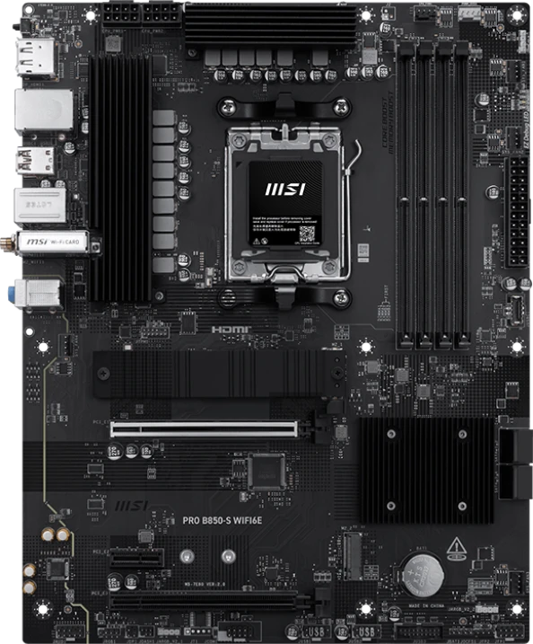 Материнская плата MSI B850-S WIFI6E (PRO B850-S WIFI6E); Socket AM5; ATX; AMD B850; 4хDDR5(8200); 2xPCI-E x16; 1xPCI-E x1; 1xHDMI; 1xDP; 6xSATA 6Gb/s;