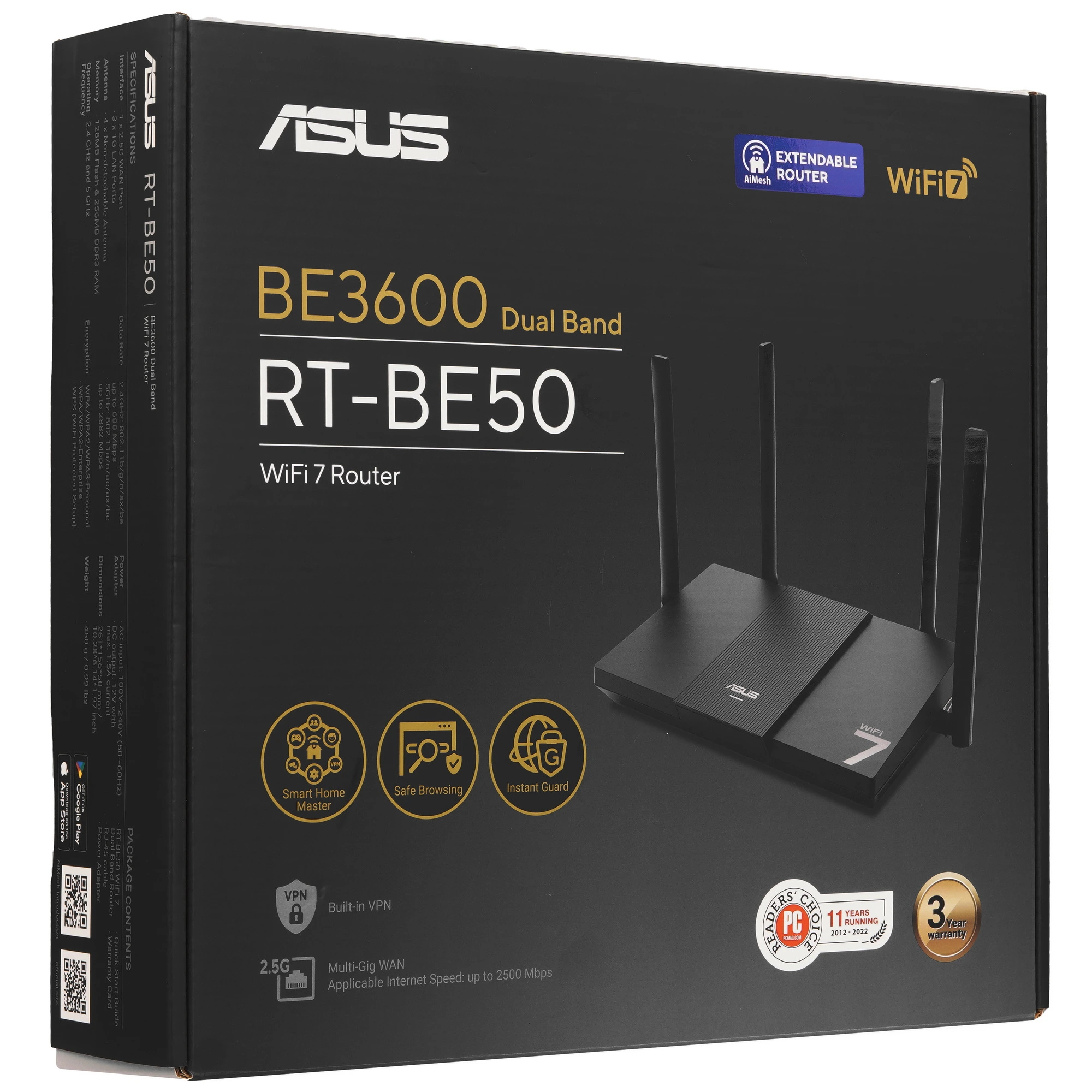 Роутер Asus RT-BE50 (BE3600) (90IG09U0-MO3S00); IEEE 802.11a/b/g/n/ac/ax/be; 688 Мбит/сек + 2880 Мбит/сек; 3x LAN 1000 Мбит/с; 1x WAN 2500 Мбит/с; 4 a