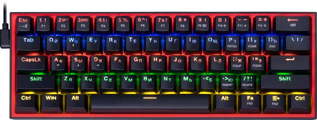 Клавиатура игровая Redragon Fizz Black (72595); USB; механическая; 61 клавиш; Hot Swap; подсветка LED; отсоединяемый кабель; ENG\RUS; чёрный