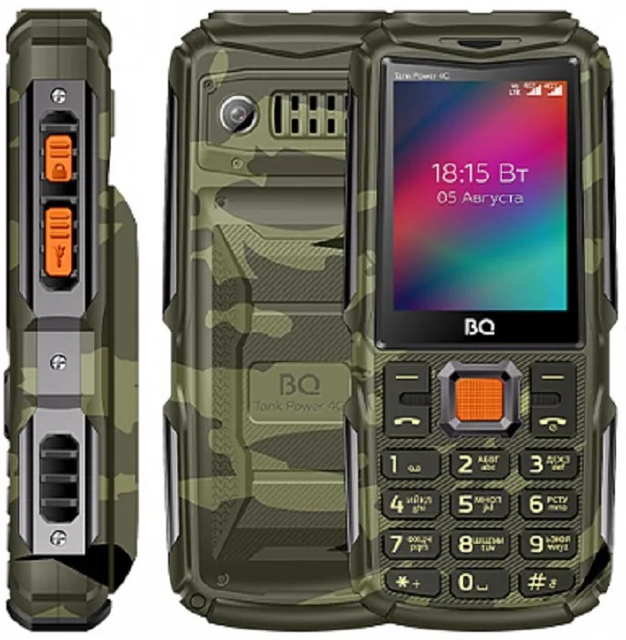 Мобильный телефон BQ Tank Power 4G (BQ 2410L2) оружейный камуфляж; 2.4"; TFT; 240x320; 0.3 Мп; 48 Мб/256 Мб; 4 000 мА/ч