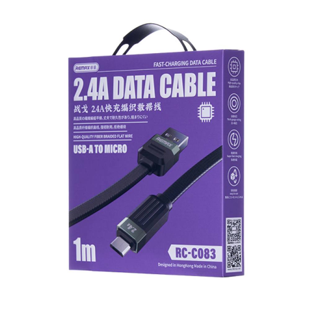 Кабель USB 2.0 AM/Micro USB Remax RC-C083, 3А, нейлоновая оплётка, 1 м, черный