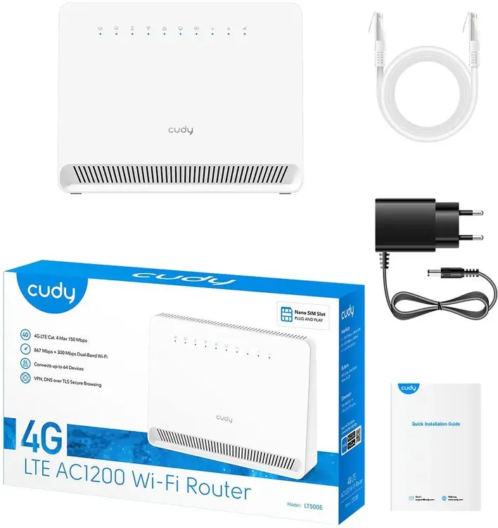 4G/3G Роутер Cudy LT500E; 4G+IEEE 802.11b/g/n/ac; 3xLAN 100 Мбит/сек; 1xWAN/LAN 100 Мбит/сек; 300 Мбит/сек+867 Мбит/с; 2 ant