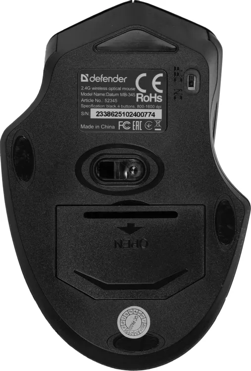 Мышь беспроводная Defender Datum MB-345 (52345***); USB; оптический; 800/1200/1600 dpi; 3 кнопки; колесо-кнопка; 2xAAA; чёрный