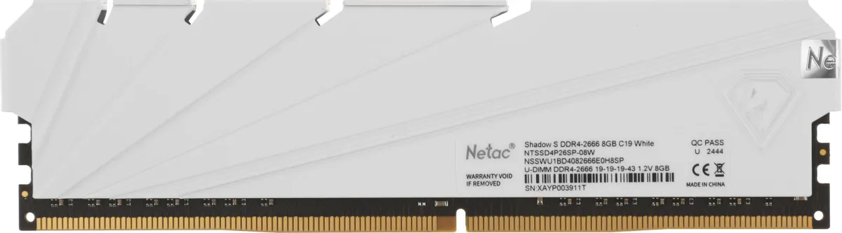 Модуль памяти DDR4 8 ГБ Netac SHADOW S 8GB White (NTSSD4P32SP-08W***); 25600 MБ/с; 3200 МГц; радиаторы; RET