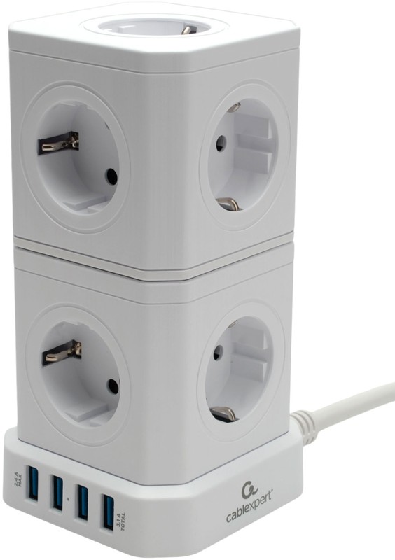 Сетевой фильтр Cablexpert (TWR-9-U4-W-2), 2,0 м, 9 евро-розеток, 4xUSB, 220 В, 16А, 4000 Вт, белый