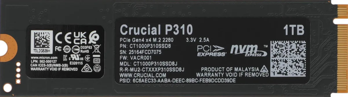 Накопитель SSD 1 ТБ Crucial P310 (CT1000P310SSD8); M.2 (2280); 7100Мб/с -  6000Mб/с; 3D NAND; PCI-E Gen4 x4; RET