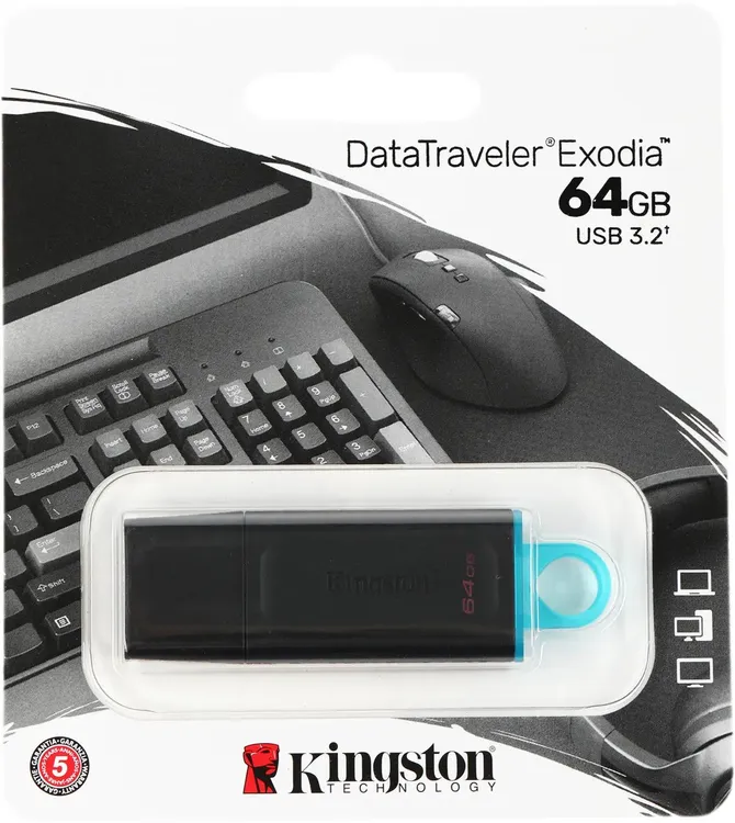 Накопитель USB-флэш 64 ГБ Kingston DataTraveler Exodia (DTX/64GB***); USB 3.2; классическая, с колпачком; пластик; чёрный