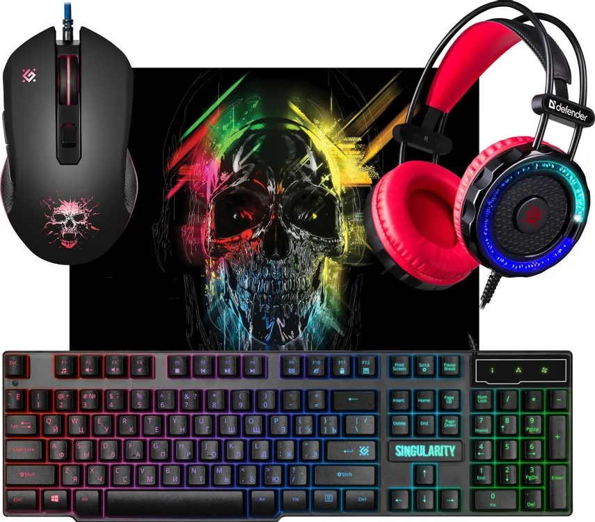 Набор игровой Defender SINGULARITY MKP-118 (52118  мышь+клав.+гарнитура+коврик); USB; оптический; 800 - 2400 dpi; 6 кнопок; колесо-кнопка; мембранная;