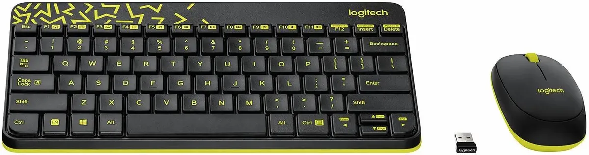 Комплект Logitech Wireless Combo MK240 Black+Yellow (920-008213); беспроводной; USB; 1000 dpi; 2xAAA/2xAAA; черный+желтый