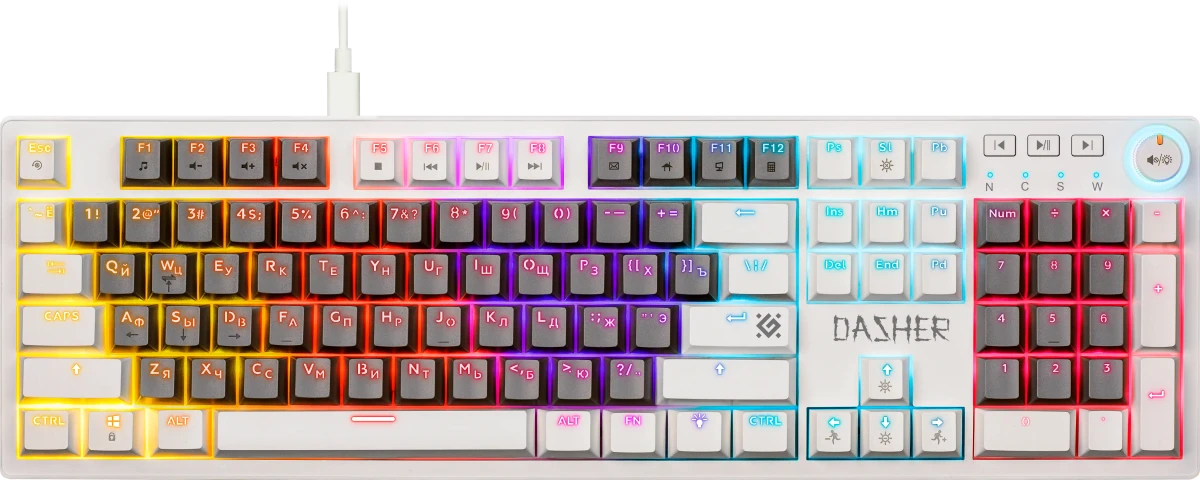 Клавиатура игровая Defender Dasher GK-472 Grey+White (45473); USB; механическая; 107 клавиш; 12 (+FN) + регулятор громкости; подсветка LED; ENG\RUS; с