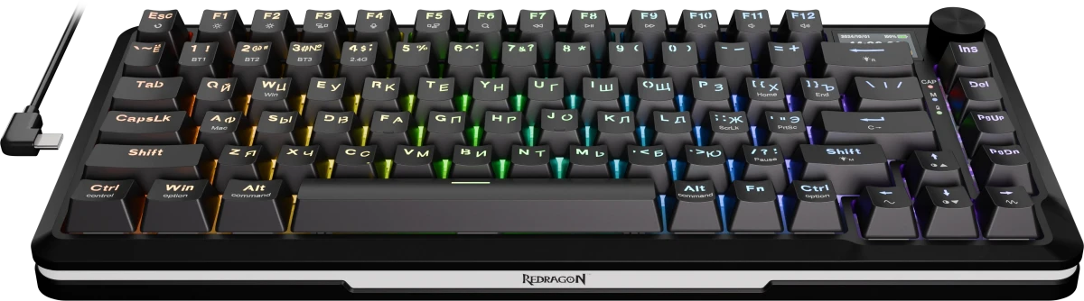 Клавиатура игровая Redragon Flekact Pro Black (72535); USB + (BT/2.4 Ггц); механическая; 81 клавиш; Hot Swap; 12 (+FN); экран; RGB подсветка; встроенн