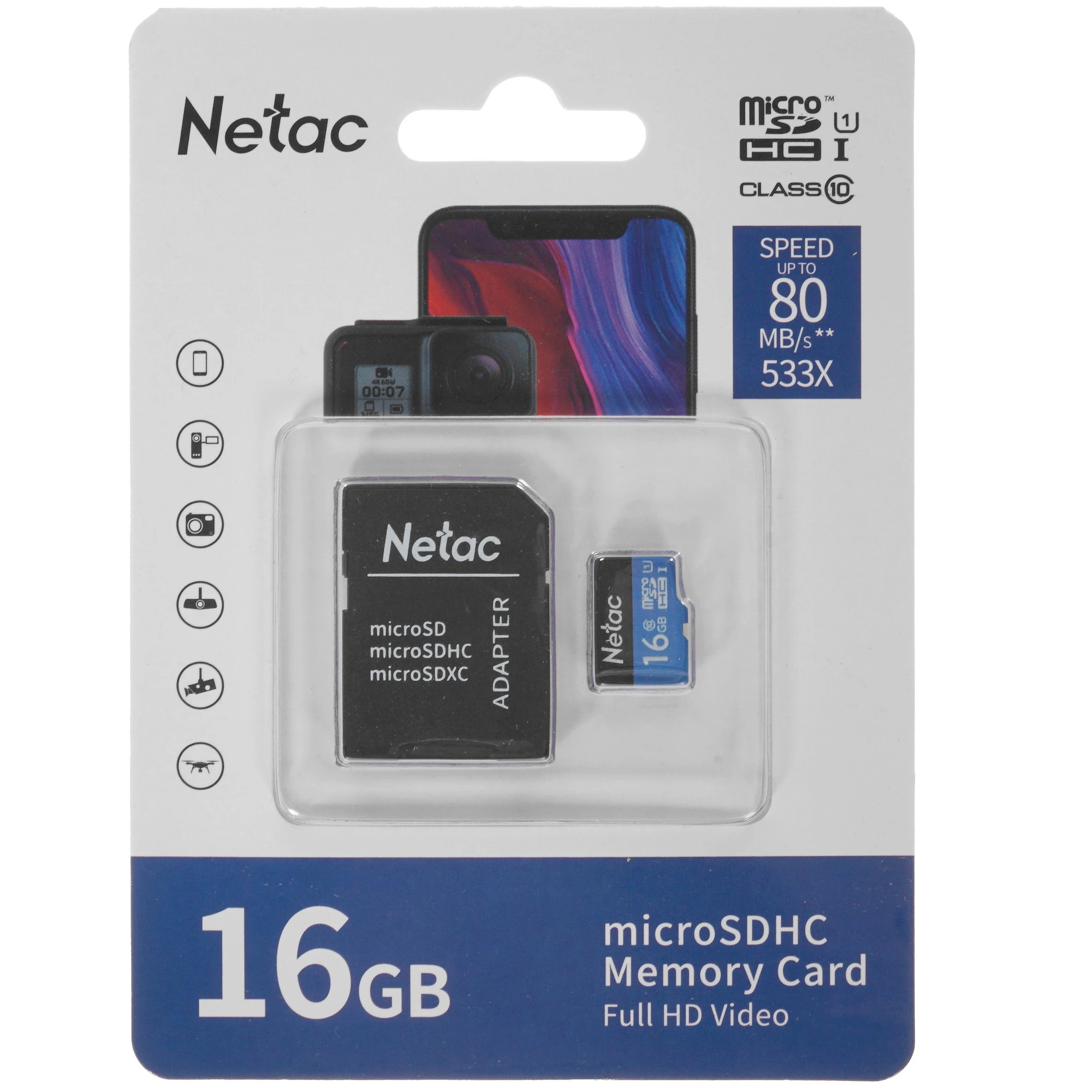 Карта памяти 16 ГБ Netac P500 (NT02P500STN-016G-R); micro SDHC UHS-I U1; Class 10; адаптер SD